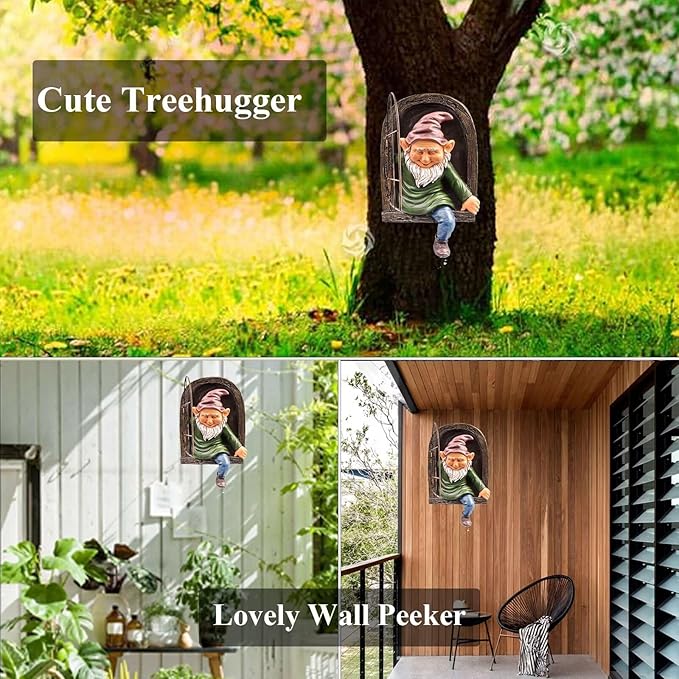 Gnome Statue Tree Face Outside Yard Art Outdoor Statue, 12 Inch Elf Out of The Window Tree Decor and Yard Decorations, Whimsical Gnomes Garden Sculptures & Statues, Fairy Tree Peeker Ornaments