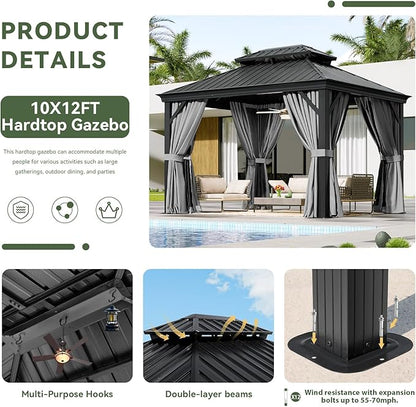 Aoxun 10' X 12' Hardtop Gazebo with Drainage System, Aluminum Outdoor Gazebo with Galvanized Steel Double Roof, Patio Permanent Metal Pavilion with Netting, for Garden, Deck, Easy Assemble