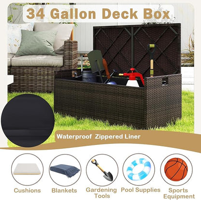 RELAX4LIFE 34-Gallon Outdoor Storage Box - Wicker Rattan Deck Box w/Seat Cushion, Waterproof Liner & Side Handles for Pillows, Patio Cushions, Pool Supplies, Garden Tools, Porch Outdoor Storage Bench