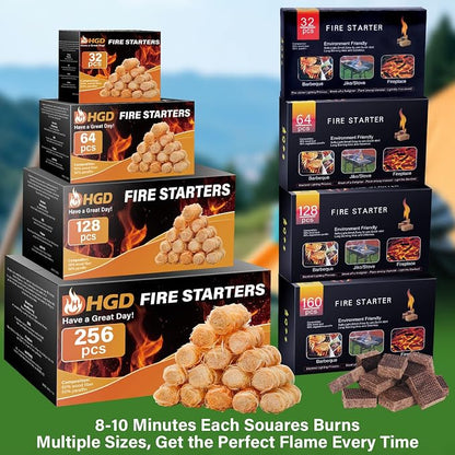 HGD Larger 32pcs Fire Starter, Natural Fire Starters for BBQ, Campfire, Fireplace, Charcoal, Wood Stove, Chimney, Fire Pit, Grill, Smoker, Indoor Outdoor Use