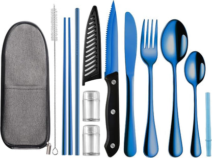 Logcow Travel Utensils Set with Case, 10-Piece Reusable Stainless Steel Camping Cutlery, Portable Fork Spoon Knife Chopsticks & Straw for Work, Lunch, Picnic (Blue)