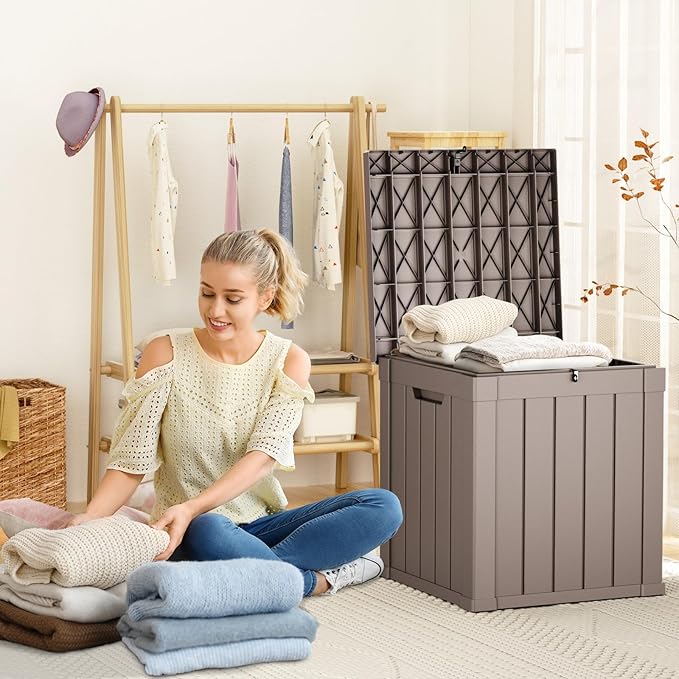 40 Gallon Resin Deck Box, Lockable Patio Outdoor Storage Box for Furniture, Garden Tools and Tools Storage, Waterproof Outside Storage Boxes - Grey