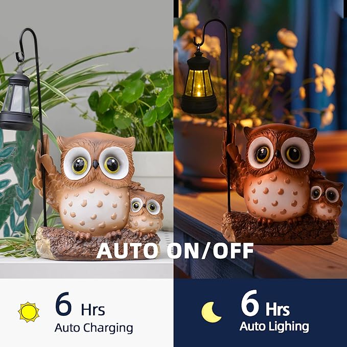 Garden Statues Owl with Solar LED Lantern, Resin Solar Garden Decor for Outside, Yard Decorations Outdoor for Patio, Porch, Balcony, Lawn Ornaments, House Warming Birthday Gifts for Mom Women Grandma