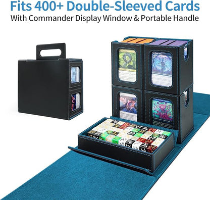 AFIING Commander Deck Box for MTG, Holds 400+ Double-Sleeved Cards, 4 Removable Deck Cases with Display Window, Dice Tray/Handle,Trading Card Storage Organizer/Dividers for TCG (Black Cyan)