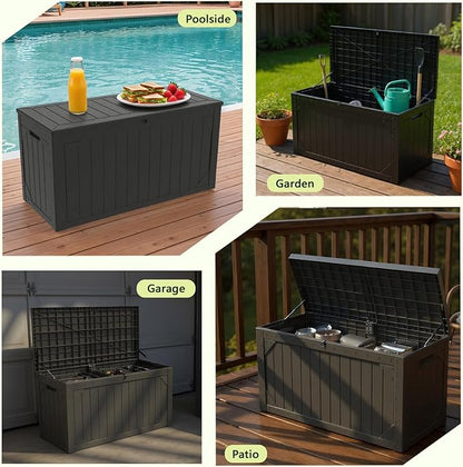 Outdoor Storage Box, 100 Gallon Deck Box Outdoor Storage Bench Outside Waterproof Resin Storage Bench, Lockable Patio Cushions, Garden Tools Storage For Furniture, UV Resistant(Black)