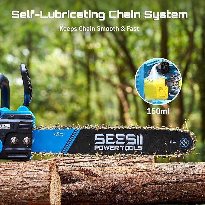 SEESII 40V 16-Inch Cordless Chainsaw: Brushless Electric Chain Saws with 2×4.0Ah Batteries & Charger, Tool-Free Chain Tension, Auto Oiling, for Tree Trimming, Wood Cutting, Yard Work