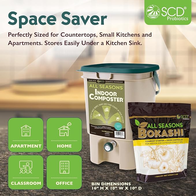 All Seasons Indoor Composter Starter Kit – 5 Gallon Tan Compost Bin For Kitchen Countertop With Lid, Spigot & 1 Gallon (2 lbs.) Bag Of Dry Bokashi Bran – by SCD Probiotics