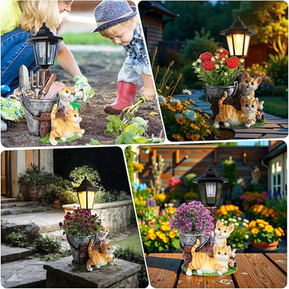 Solar Cat Outdoor Statues, Garden Sculptures with Flowerpot Decor & Solar Lantern for Yard Art Lawn Ornaments Porch Patio Balcony - Idea Gifts for Women Mom Grandma