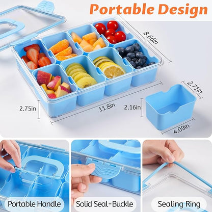 Snackle Box Container Dishwasher Safe Divided Serving Tray with Lid Handle | Charcuterie Board for Portable Snack Platters, Organizer for Fruits Snacks, Perfect for Road Travel - Light Blue
