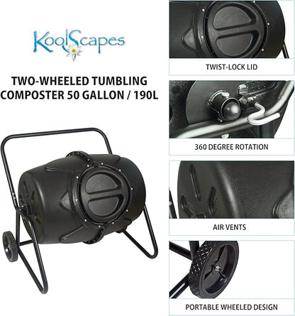 Koolscapes Wheeled Tumbling Composter – 50-Gallon Portable Eco-Friendly Rotating Bin BPA-Free Recycled Plastic with Sturdy Steel Frame & Twist-Lock Lid for Year-Round Composting