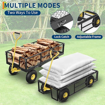 GarveeLife 900 LBS Garden Cart with Removable Mesh Sides, Heavy Duty Steel Garden Wagon with Adjustable Handles & 10 in Pneumatic Tires, Utility Wagon for Lawn Camping Farm Yard, Black+Yellow