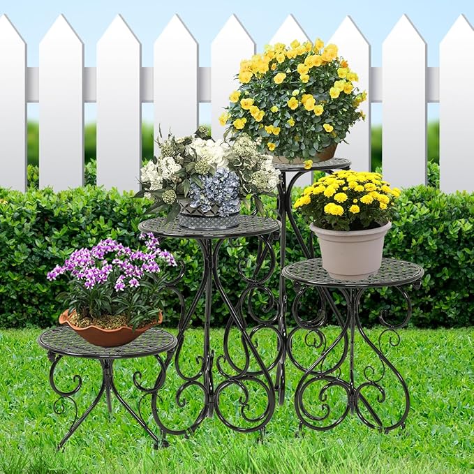4-Pack Metal Plant Stand for Indoor Outdoor, Heavy Duty Flower Pot Stands for Multiple Plants, Rustproof Iron Planter Holder Display Shelf for Patio Home Garden Porch Balcony(Black)
