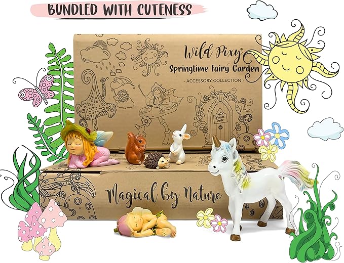 WILD PIXY Baby Miniature Fairy Garden Set – Springtime Fairy Accessories Kit with Gorgeous Fairies and Animals, Indoor/Outdoor Figurines in Designer Gift Box, Perfect for Garden Decor