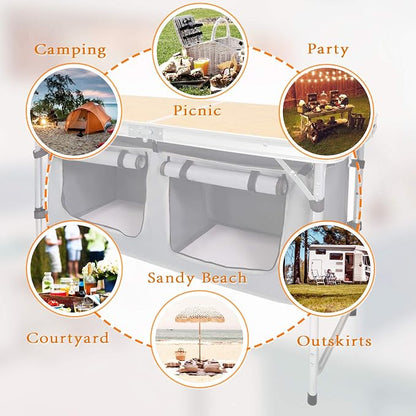 CampLand Outdoor Folding Table Aluminum Lightweight Height Adjustable with Storage Organizer for BBQ, Party, Camping