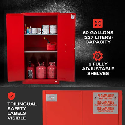 FireKing Red Flammable Safety Cabinet, Combustible Liquids Flammable Storage Cabinet, 60 Gallon Steel Safety Cabinets with Manual Door for Commercial, Industrial & Home Use, 34" x 34" x 65"