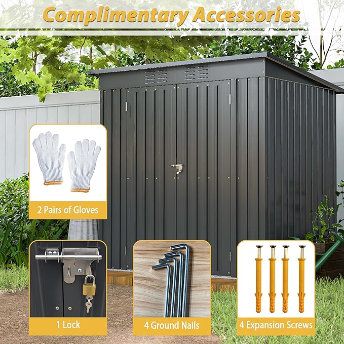 6x4 FT Outdoor Storage Shed,Metal Heavy-Duty Tool Shed with Hinged Door and Padlock,Waterproof Garden Shed W/Vents,All Weather,Foldable House for Garden Backyard,Lawn,Black