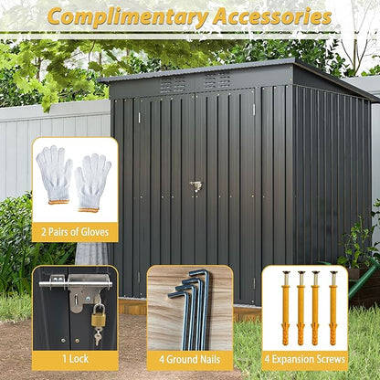 6x4 FT Outdoor Storage Shed,Metal Heavy-Duty Tool Shed with Hinged Door and Padlock,Waterproof Garden Shed W/Vents,All Weather,Foldable House for Garden Backyard,Lawn,Black