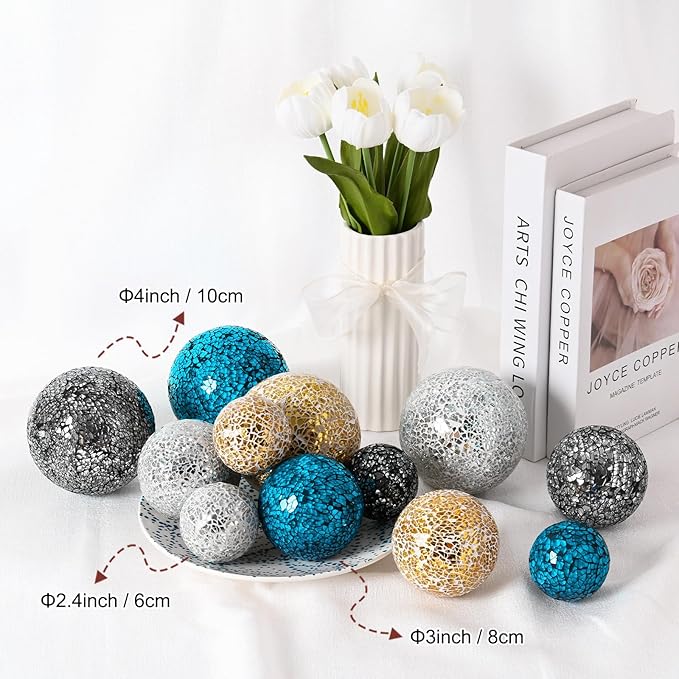 Decorative Ball for Bowls, 4 Inch Mosaic Glass Balls Decorative Glass Orbs for Home Decor/Dining Tables/Wedding Party/Coffee Table/Centerpiece Decor [Silver]