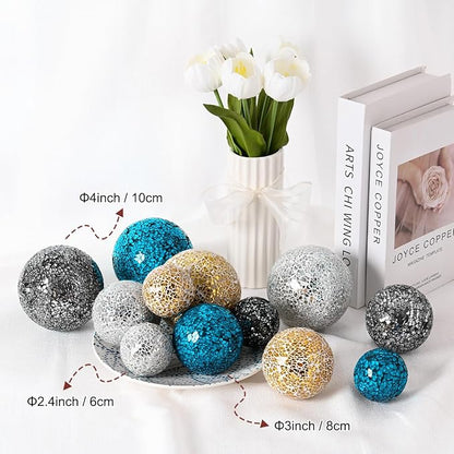Decorative Ball for Bowls, 4 Inch Mosaic Glass Balls Decorative Glass Orbs for Home Decor/Dining Tables/Wedding Party/Coffee Table/Centerpiece Decor [Silver]