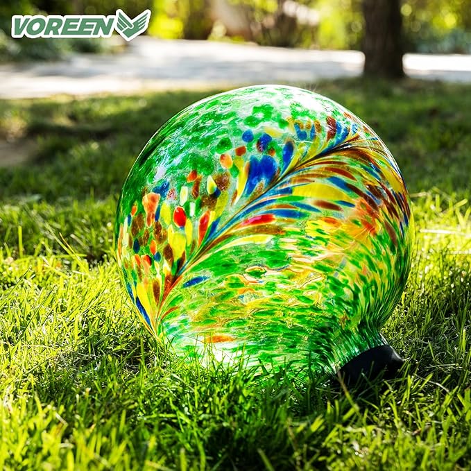 VOREEN 10-Inch Glass Gazing Ball, Outdoor Gazing Globe, Handmade Reflective Ball Yard Decoration for Homes, Patio, Lawn and Gardens, Gift for Mom Wife Friend, Phoenix Tail Design, Green