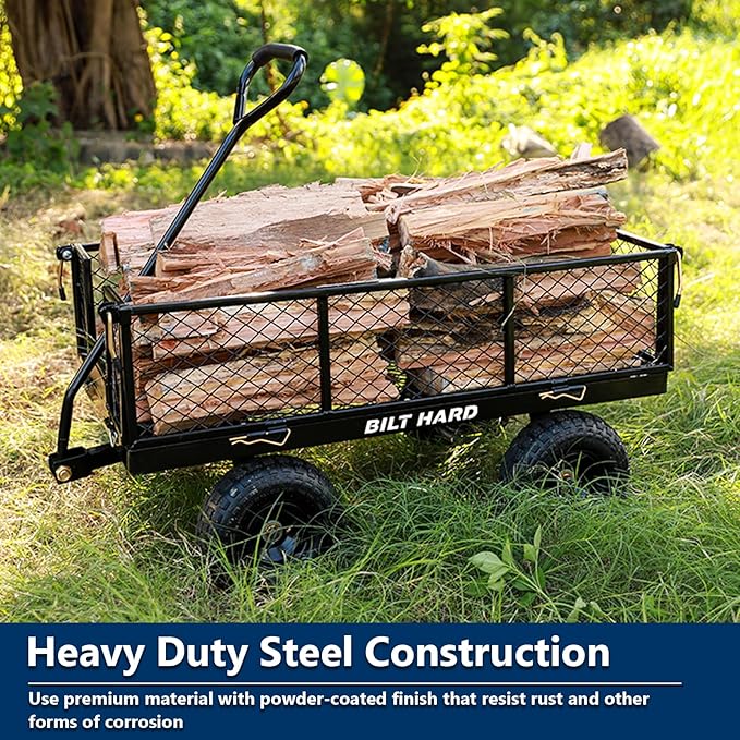BILT HARD 10" Flat Free Tires Heavy Duty Garden Cart with 180° Rotating Handle and Removable Sides, 4 Cu.Ft 400 lbs Capacity Utility Steel Wagons for Outdoor