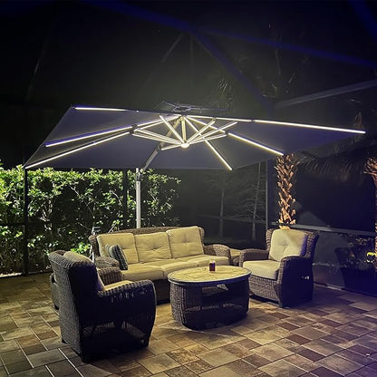 PURPLE LEAF 10 Feet Double Top Deluxe Solar Powered LED Square Patio Umbrella Offset Hanging Umbrella Outdoor Market Umbrella Garden Umbrella, Navy Blue