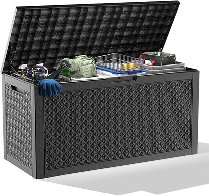 New 100 Gallon Outdoor Storage Box – Resin Deck Box with Lockable Lid, Waterproof Patio Furniture Storage for Tools, Garden & Yard Organization