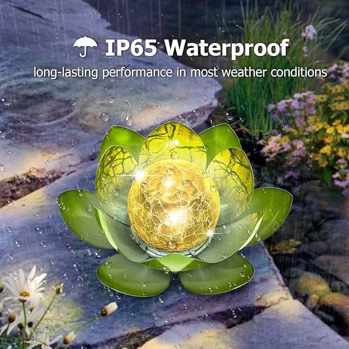 Garden Solar Light Outdoor(2Pack),Crackle Globe Glass Lotus Decoration, Waterproof Metal LED Flower Lights for Patio,Lawn,Walkway,Tabletop,Ground
