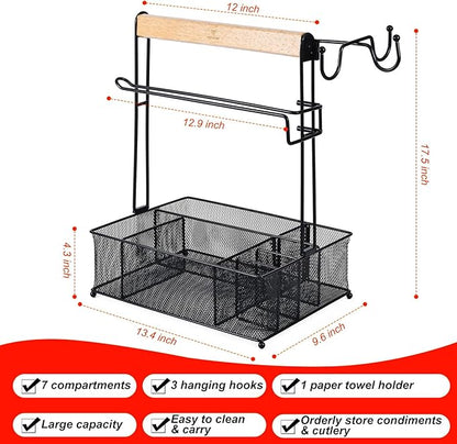 VIKEYHOME Grill Caddy, Picnic BBQ Organizer for Camping | Outdoor Mesh Basket with 3 Hanging Hooks and Paper Towel Holder, Ideal Table Storage Tools for RV Camper/Tailgating/Flatware