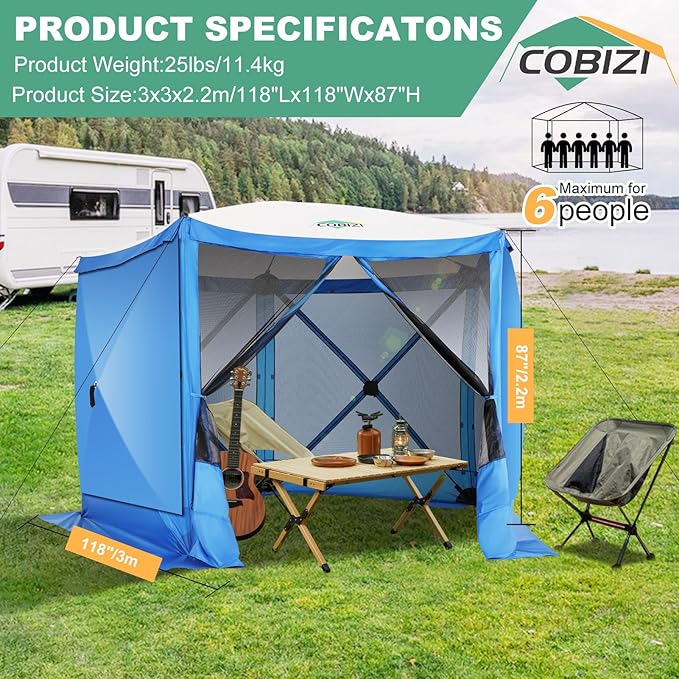 COBIZI 10x10 Pop up Gazebo Screen House Tent for Camping, Pop-up Camping Canopy with Sidewalls,Portable Outdoor Quick-Set Hub Tent with Carrying Bag&Ground Stakes,Blue(Upgraded 2.0)