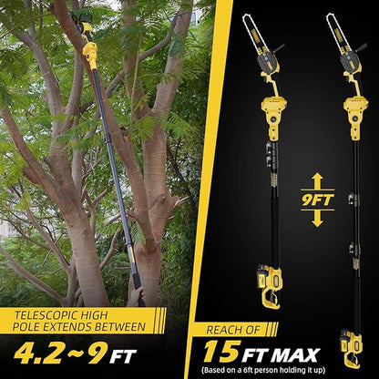 2-in-1 Cordless 6" Pole Saw & Chainsaw, 21V 3Ah Battery, 7.7lb Lightweight, 15ft Max Reach, Rotatable - For Tree Trimming
