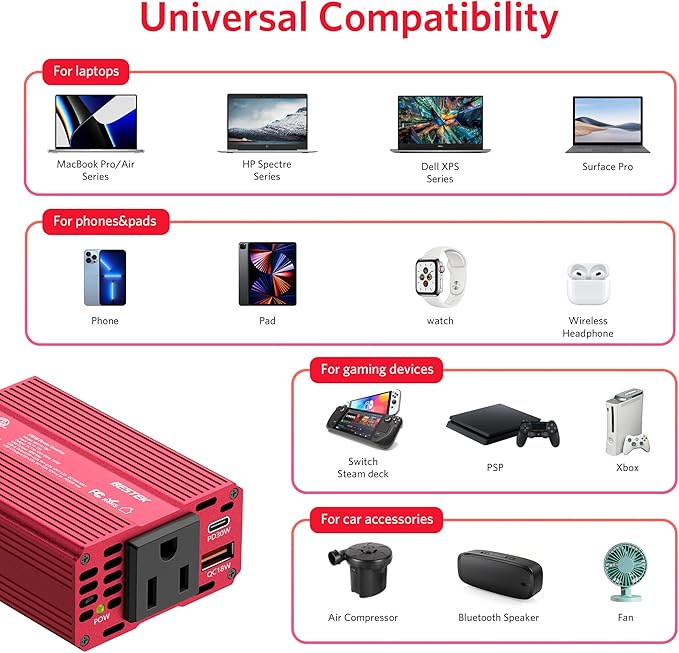 BESTEK [PD 30W&QC 3.0 18W USB Charger] 150W Car Power Inverter, DC 12V to 110V AC Converter Laptop Car Charger Outlet Adapter for car