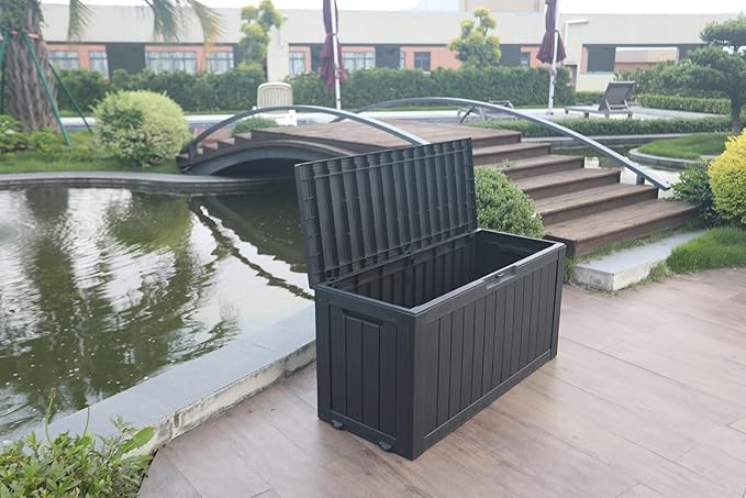 BTEXPERT 75 Gallon Resin Deck Box, Outdoor Storage Container for Patio Furniture Garden Tools Cushions Pool Sports Equipment Waterproof Lockable Stainless Steel insert UV Resistant Set of 2