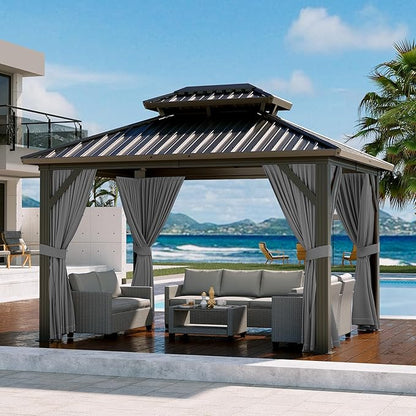 12'x10' Hardtop Gazebo, Heavy Duty Aluminum Permanent Hardtop Gazebo Outdoor Pavilion with Curtains and Netting for Garden (Gray, 12'x10')
