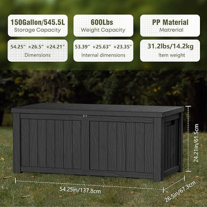 Extra-Large 150 Gallon Outdoor Chest Storage Waterproof - Outside Storage Box & Bench, Resin Deck Chest for Patio/Pool, Lockable UV-Resistant, Onyx Black