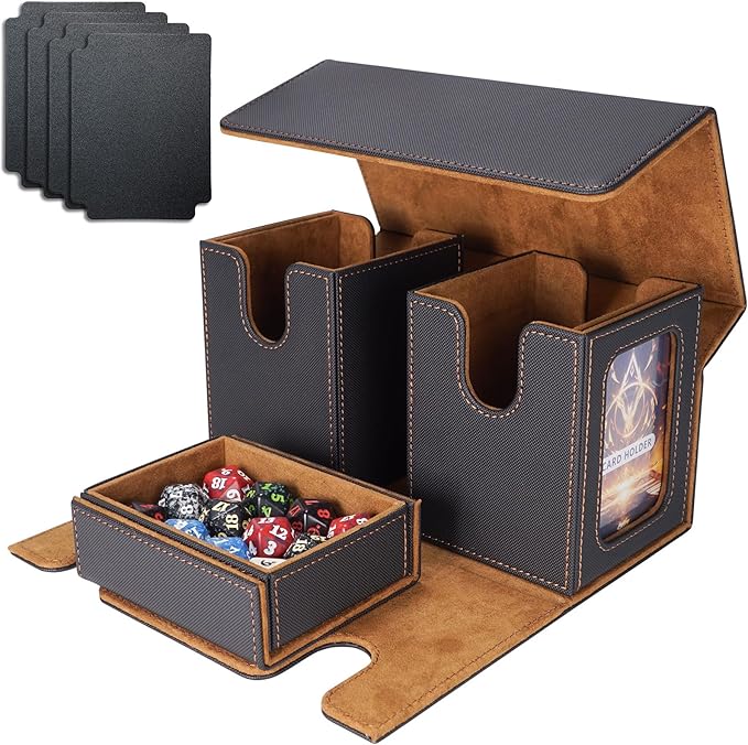 AFIING MTG Commander Deck Box 200 Double Sleeved Cards Storage, 3-in-1 Magnetic Card Case Organizer for Magic: The Gathering TCG CCG, 4 Dividers & 2 Toploaders (Black/Gold)