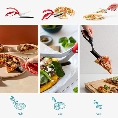Dreamfarm Scizza 2-In-1 Easy Ergonomic Pizza Scissors with Stainless Steel Pizza Cutter Blades & Non-Stick Slice Server - Red | Cuts and serves pizza with non-scratch, heat resistant serving base, spring-loaded German stainless steel blades