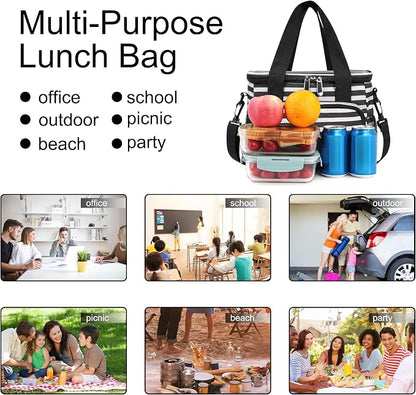 Lunch Bags for Women/Men, Insulated Lunch Bag for Work Office Picnic - Lunch Cooler Bag Leakproof Lunch Box with Adjustable Shoulder Strap - Stripe
