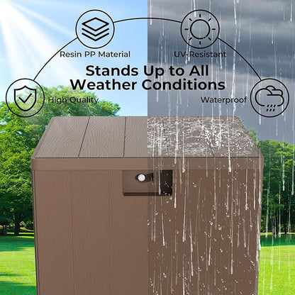28 gal Brown Resin Deck Box, Outdoor Storage Box Waterproof Lockable, Patio Square Deck Box For Package Delivery, Outside Storage Box Container for Furniture Cushions, Garden Tools, Pool Accessories