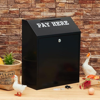 Yaocom Safe Metal Cash Box for Farm Stand – Money Drop and Secure Donation Collection, Wall Mount Lockable Unit with Pre Drilled Holes for Outdoor Self Serve(Black,18 x 15 x 7 Inch)