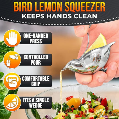 Bird Lemon Squeezer with Pour Spout, Tiny Stainless Steel Slice Press | Cute Citrus Wedge Juicer for Limes, Mess-Free, Dishwasher Safe, a Mini Travel Size for Tea Service, Seafood, and Cocktails