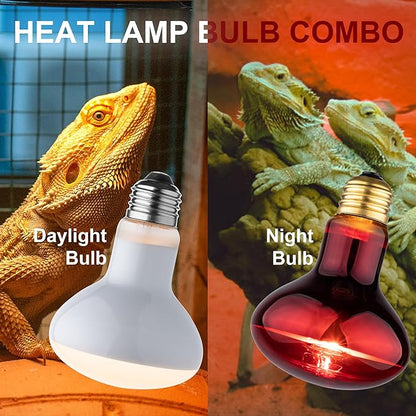 Heat lamp Bulbs Day & Night Combo, 100 Watt UVA Daylight Basking Spot Light and Red Infrared Heating Light for Bearded Dragon, Turtle, Lizard, Snake, Tortoise, Chameleon, Amphibians - 2 Pack