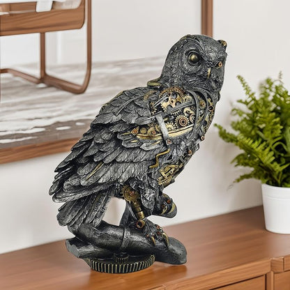 Steampunk Owl Statue 11.6'' H Metallic Silver and Gold Gothic Collectible Animal Figurine Wisdom Gift Owl Sculpture for Home Office Decoration Living Room Tabletop Mantel