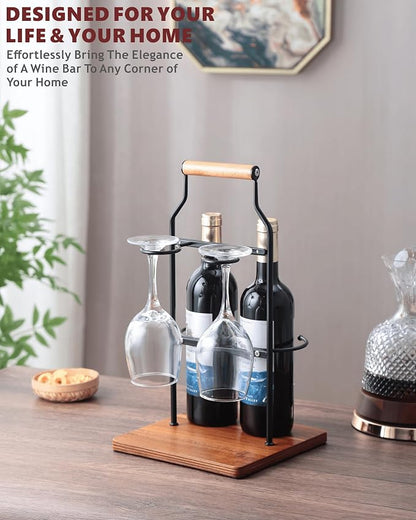 Countertop Wine Rack and Glass Holder | Portable Wine Caddy Holds 2 Bottles & 2 Glasses | Small Wine Rack with Wood Base, Perfect for Tabletop Wine Storage & Home Bar Decor (Black)
