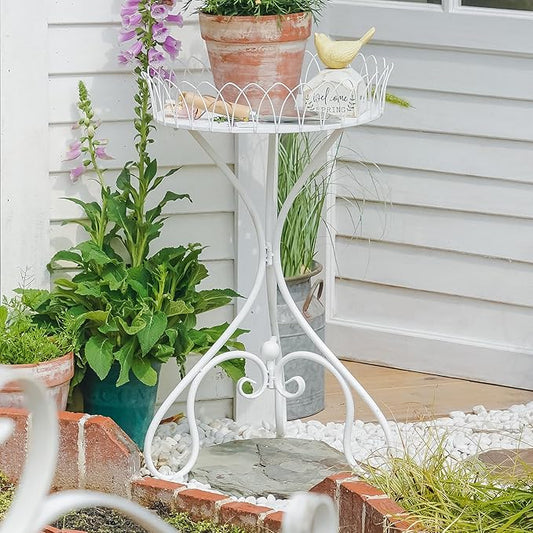 White Round Tabletop Plant Stand, French Vintage Metal Flower Pot Riser with Ornate Edge Detailing, Centerpiece Garden Decor