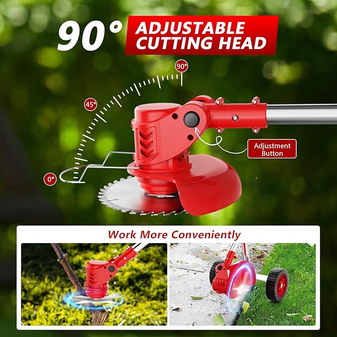 Electric Weed Wacker Cordless with Wheels,21V 2×2000mAh Weed Eater Battery Powered, 6-inch Cordless String Trimmer with 3 Types of Blades, Electric Grass Trimmer,Lawn Edger, Mower for Yard,Garden