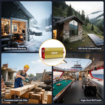 4000W Pure Sine Wave Inverter 12V DC to 120V AC Converter for Family Emergency Preparedness,Camping,RV,Solar DIY,Outdoors,Built-in 5V/2.1A USB-A,USB-C,Hardwire Port, Remote Controller
