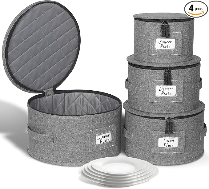 Kukikan China Storage Containers, 4 Pack Hard Shell Moving Boxes, Dish Storage Containers with Felt Dividers for Charger Plates Dinnerware, Stackable Cases for 12 Place Setting Up to 11.4" Dia.