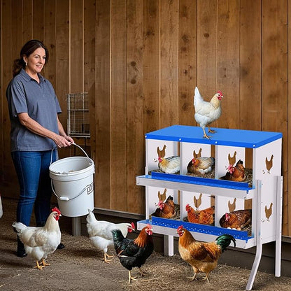 Chicken Nesting Boxes,6 Compartments Galvanized Steel Metal Laying Boxes with Leg,Pull-Out Egg Box Easy Egg Collection & Clean,Wall Mount Suitable for Farm Chicken House,Blue