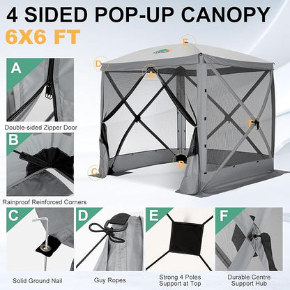 COBIZI 6x6 Pop up Gazebo Tent on Clearance, Ez up Waterproof Screen Tent Screen House with 3 sidewalls,Portable Outdoor Canopy with Carry Bag & Ground Stakes for Camping,Garden and Picnics, Grey